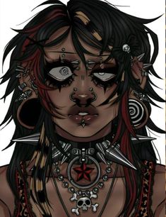 a drawing of a woman with black hair and piercings on her face, holding two knives