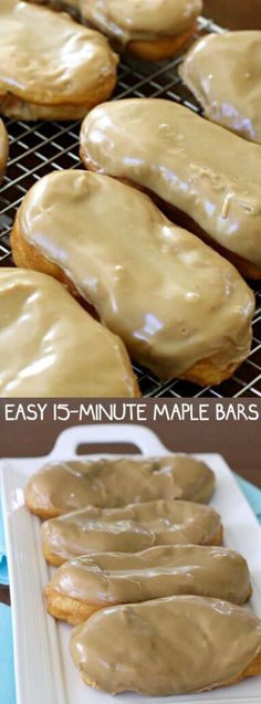 an easy 5 minute maple bar recipe with peanut butter frosting on the top and glazed cookies on the bottom