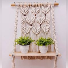 two potted plants sit on a shelf next to a macrame wall hanging