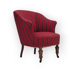 a red and black striped chair with wooden legs