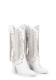 cuz bless your heart. These cowboy boots have a vegan leather construction, rhinestone fringe detailing, jewel studs, and side zipper closures.