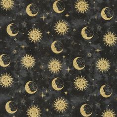 a black background with gold stars and crescents