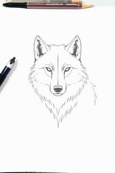 a drawing of a wolf's head on paper with markers and pencils next to it