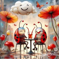 two ladybugs sitting at a table with drinks in front of them, surrounded by flowers and butterflies