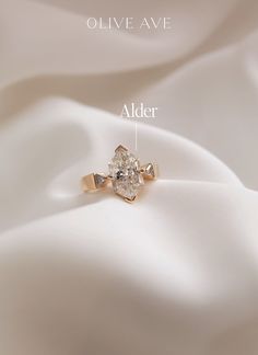 14K Yellow Gold | Alder features a beautiful duchess center stone set with v-prongs accented by triangle side stones on a thick shank. Dream Ring, Cassie Ho, Dream Rings, 2023 Vision, Ring Stack, Dream Engagement, Dream Engagement Rings, Whimsical Wedding, Designer Engagement Rings