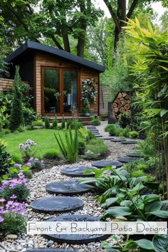 a garden with stepping stones and plants in the foreground, next to a small cabin