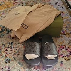 New With Dust Bags And Box Mens Gucci Slides Size 9 Gucci Ankle Boots, Gucci Horsebit Loafers, Navy Loafers, Gucci Ace Sneakers, Striped Slippers, Gucci Slides, Logo Shoes, Gucci Loafers, Black Leather Sneakers