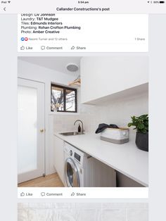 an instagram page with a photo of a kitchen and laundry room in the background