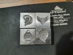 four different metal stamp designs on a black surface with the words litechi written below them