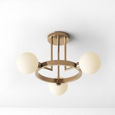 an overhead view of a ceiling light with three globes on the top and bottom