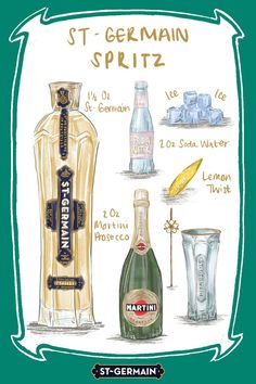 a drawing of different types of bottles and glasses on a green background with the words st - german spritz written below it