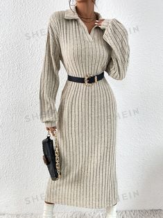 Free Returns ✓ Free Shipping✓. SHEIN Privé Ribbed Knit Drop Shoulder Split Hem Dress Without Belt- Women Long Dresses at SHEIN. Fall Dress Trends, Glamorous Evening Dresses, Graphic Print Dress, Retro Style Dress, Split Hem Dress, Ditsy Floral Dress, Solid Sweaters, Front Tie Shirt, Belted Shirt Dress