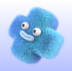 a blue fuzzy object with eyes and mouth on it's side, in the air