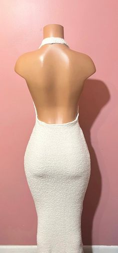 Fabric Type: 4 way stretch teddy fabric  you can choose to order just the dress or the set.  Small Bust: 35”                  �      Waist: 27”                          Hips: 37”   Medium                         Bust: 37”                        Waist: 29”                          Hips: 39”   Large Bust: 40” Stretch Backless Mini Dress With Back Zipper, Fitted White Backless Dress With Back Opening, Fitted Backless Mini Dress With Lining, Stretch Lined Backless Mini Dress, Stretch Backless Mini Dress With Lining, Stretch Backless Mini Dress Lined, White Stretch Backless Dress For Night Out, Stretch Backless Lined Mini Dress, Fitted Lined Backless Dress