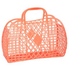 an orange plastic basket with handles on the bottom and sides, in front of a white background