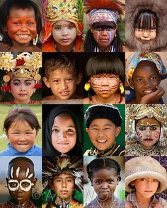 many different pictures of children with their faces painted in various colors and shapes, all wearing headgear