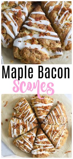 maple bacon scones with white icing on top and the words maple bacon scones below