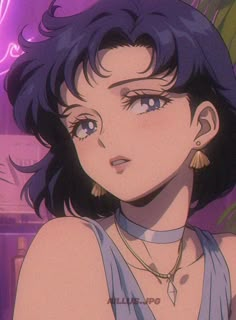 an anime character with blue hair and large earrings on her head, staring at the camera