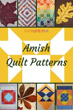 the front cover of an amish quilt patterns book with images of leaves and squares