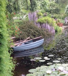 a small boat floating on top of a lake surrounded by lily pads and greenery