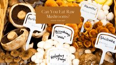 an assortment of mushrooms in baskets with the words can you eat raw mushrooms? on them