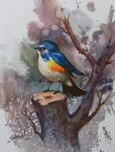 a watercolor painting of a bird perched on a tree stump