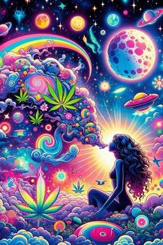 a woman sitting on top of a cloud filled with flowers and marijuanas in the sky