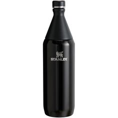 a black stainless steel water bottle with the word stanley on it's front and side