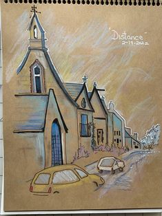 a drawing of a church with a car parked on the street in front of it