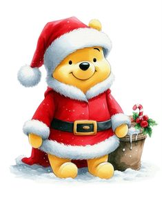 a winnie the pooh christmas card with santa claus hat and boots on, holding a potted plant