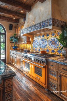 a large kitchen with wooden floors and tile backsplash