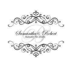 the wedding logo is shown in black and white, with swirly scrolls on it