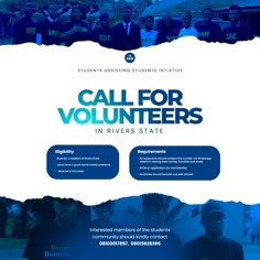 the call for volunteers website is shown in blue and white with people standing around it