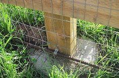 a wooden post sticking out of the grass behind a fence