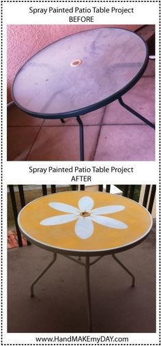 the before and after pictures show how to paint an outdoor table with flowers on it