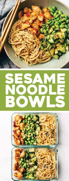 sesame noodle bowls with shrimp and asparagus