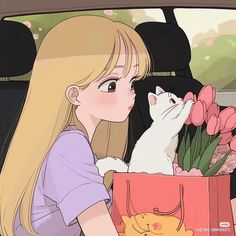 a girl in a car with a cat and flowers