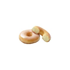 two glazed doughnuts are sitting side by side