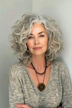 Mid Length Curly Gray Hair, Mid Length Gray Hairstyles Over 50, Grey Curly Bob Hairstyles, Mid Length Curly Haircuts For Round Faces, Round Face Curly Haircut, Bob Haircut Round Face, Cornrow Hairstyles For Kids, Curly Grey Hair, Haircut Round Face