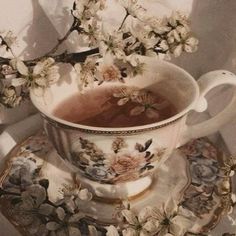 a tea cup and saucer with flowers in it