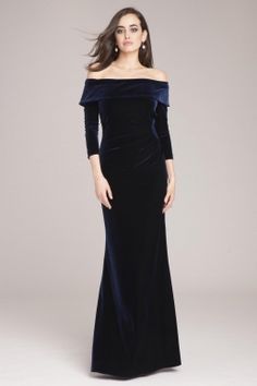 Janet's dress  Stretch Velvet Cold-Shoulder Gown | Teri Jon Long Green Bridesmaid Dresses, Green Velvet Gown, Velvet Dresses Outfit, Velvet Wedding Dress, Mom Dresses, Interesting Clothing, Emerald Green Bridesmaid Dresses, Ruched Gown, Exclusive Gowns