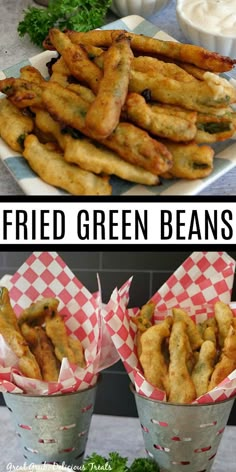 Collage of fried green beans on plate at top and two buckets lined with paper and filled with fried green beans at bottom. Battered Green Beans Air Fryer, Fried Veggie Batter, Fried Green Onions Recipes, How To Fry Green Beans, Deep Fried Green Beans Recipe, Green Bean Appetizer Recipes, Batter For Frying Vegetables, Breaded Green Beans, Battered Vegetables