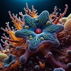 an underwater scene with colorful corals and seaweed in the water, under a bright blue light