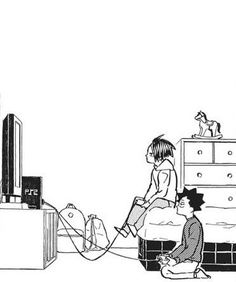 two children are sitting on the bed and one is plugged in