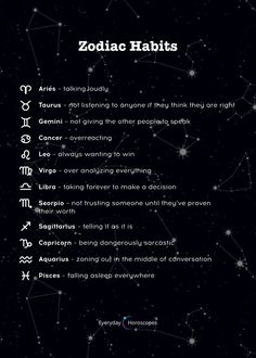 zodiac signs and their meanings on a black background with stars in the sky behind them