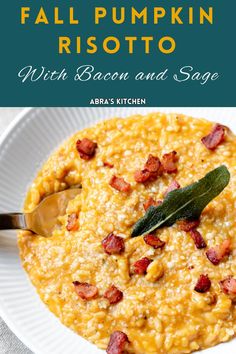 a bowl of pumpkin risotto with bacon and sage in it on a white plate