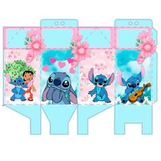 an image of the inside of a box with stitchie characters on it and flowers