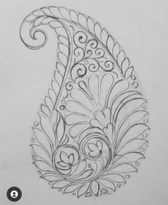 a pencil drawing of a peacock's tail with swirls and leaves on it