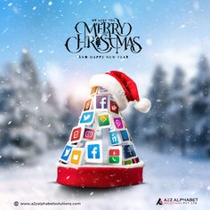 a christmas tree made out of social media icons on a snowy background with the words merry christmas