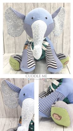 an elephant stuffed animal sitting on top of a wooden floor next to another photo with the words cuddle me